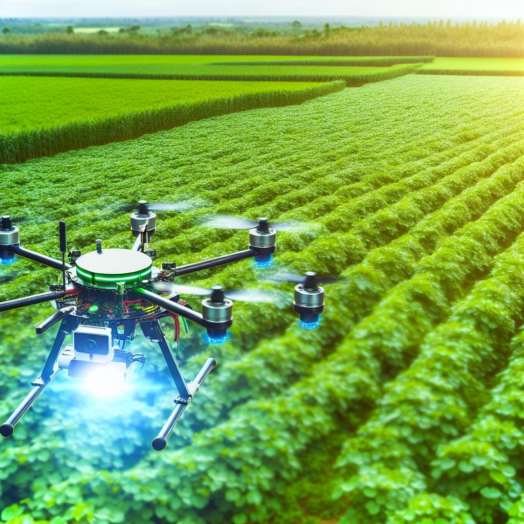 A drone flying over a lush green farm, equipped with sensors and cameras, collecting data to optimize crop production and sustainability.